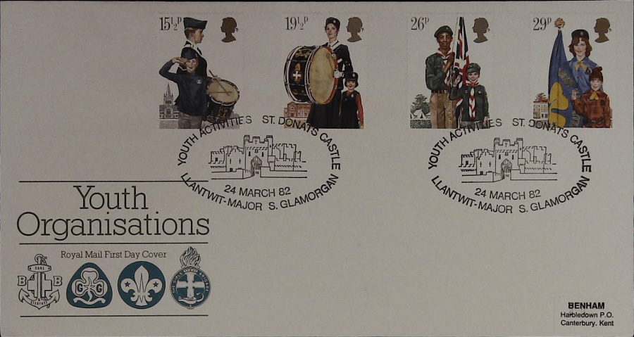 1982 - Youth Organisations Royal Mail First Day Cover -St. Donat's Castle, Llantwit-Major Postmark