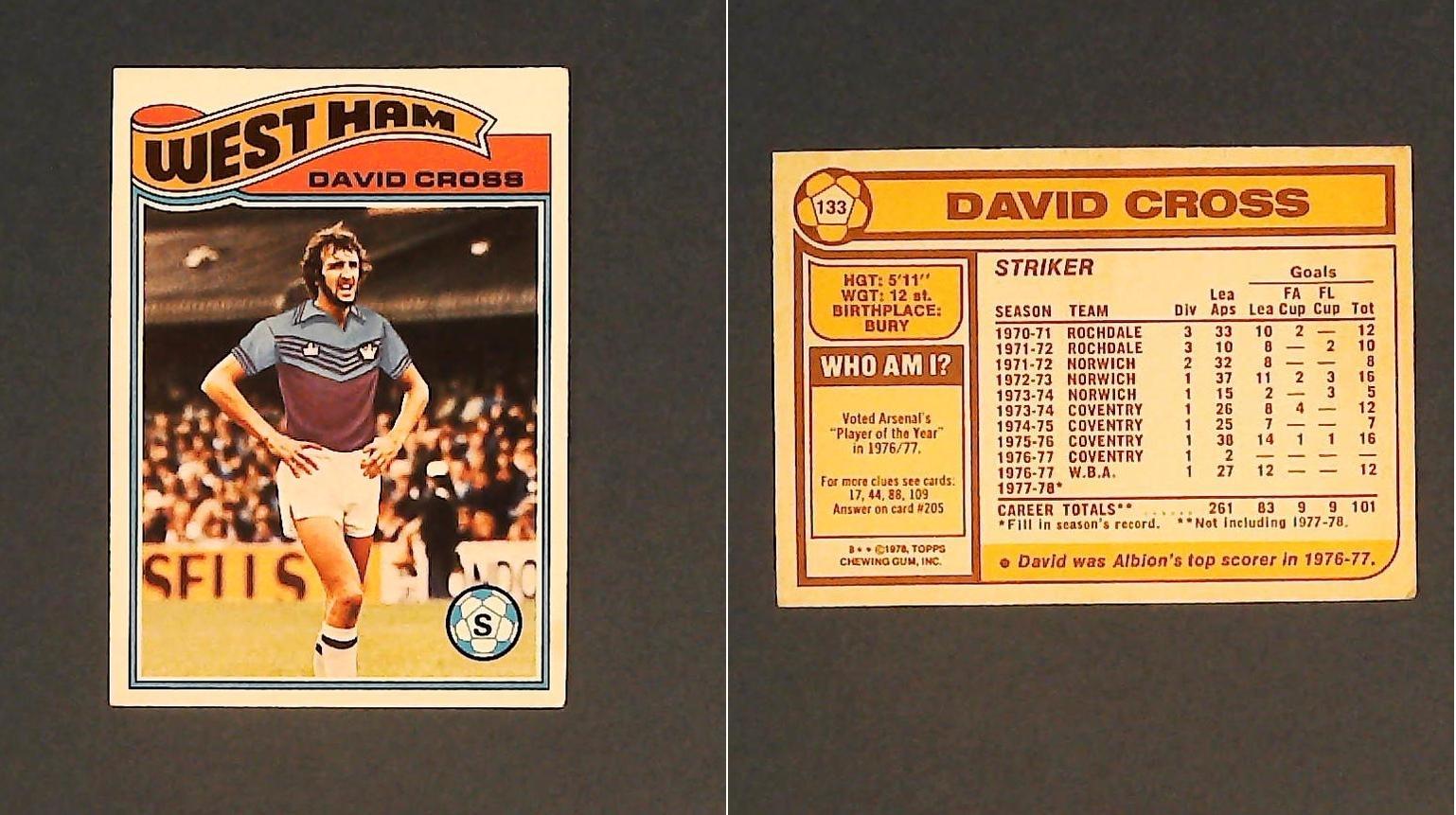 Topps Chewing Gum Orange Back Football Cards - 1978 No 133 David Cross West Ham United Topps Chewing Gum Orange Back Football Cards - 1978 No 133 David Cross West Ham United