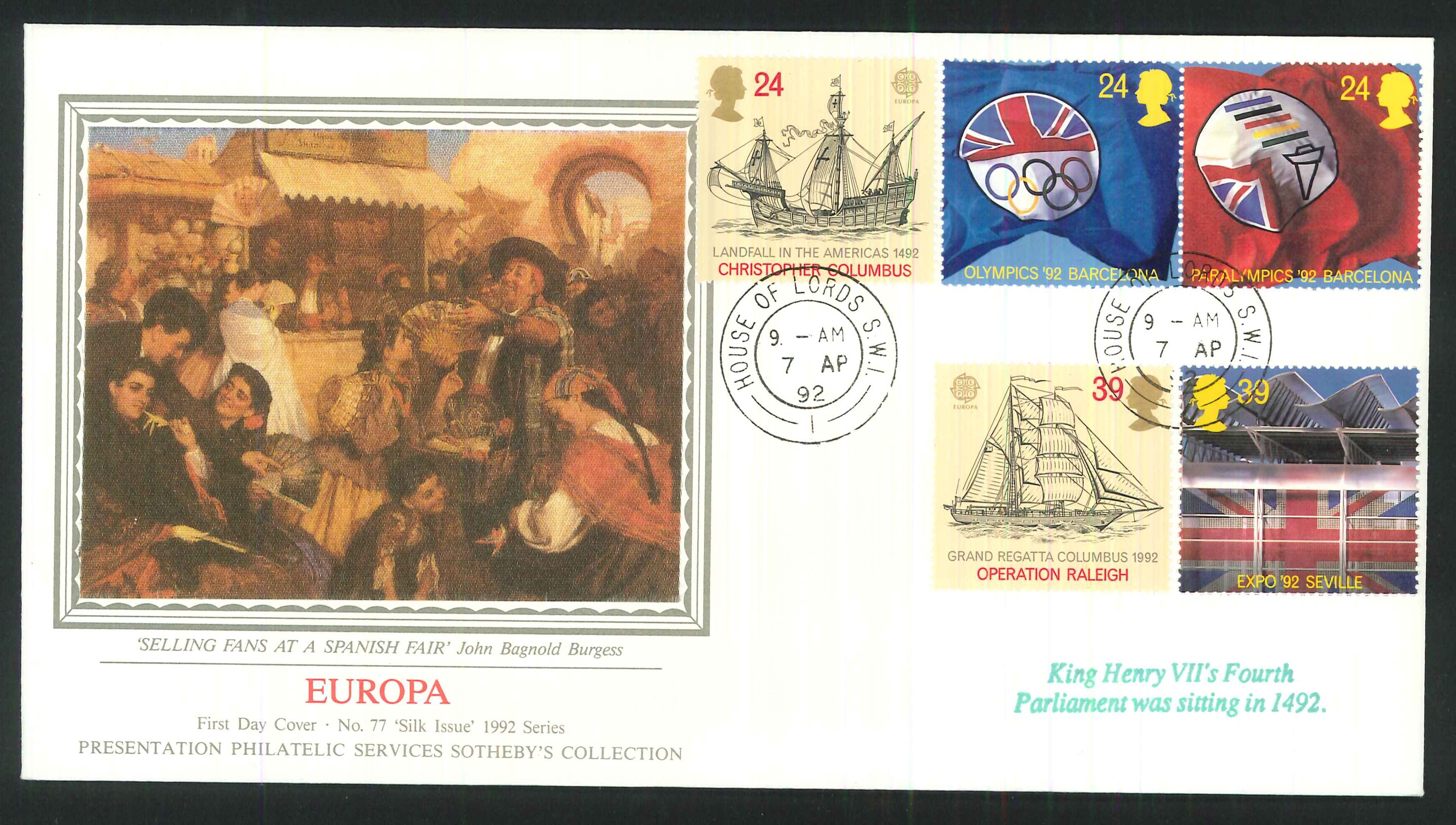 1992 - Europa, First Day cover- House of Lords CDS Postmark