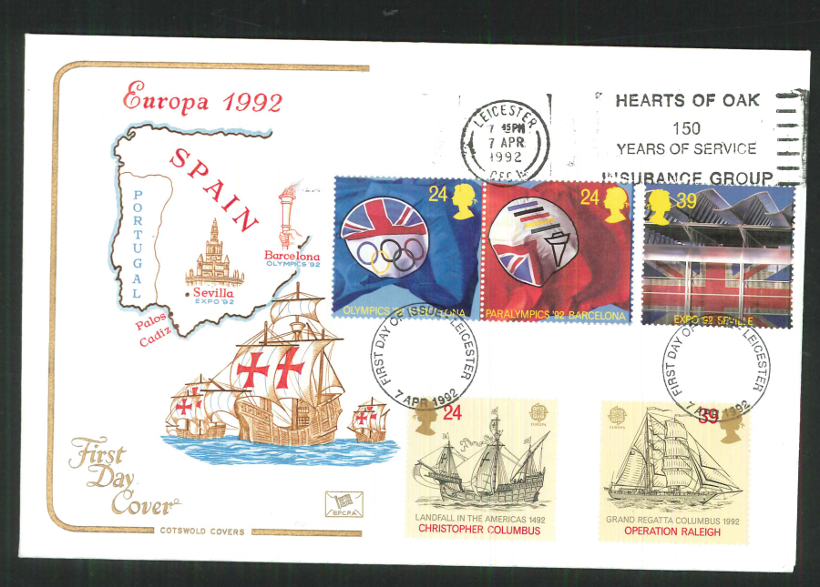 1992 - Europa First Day Cover - Slogan Hearts of Oak Leicester Postmark