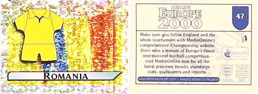 Merlin Europe 2000 Football Stickers Group A 2000 Sticker No 47: Flag and Kit - Romania Merlin Europe 2000 Football Stickers Group A 2000 Sticker No 47: Flag and Kit - Romania