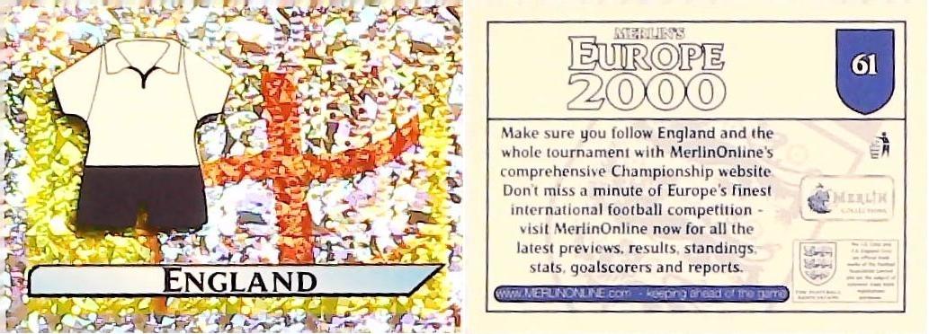 Merlin Europe 2000 Football Stickers Group A 2000 Sticker No 61: Flag and Kit - England Merlin Europe 2000 Football Stickers Group A 2000 Sticker No 61: Flag and Kit - England