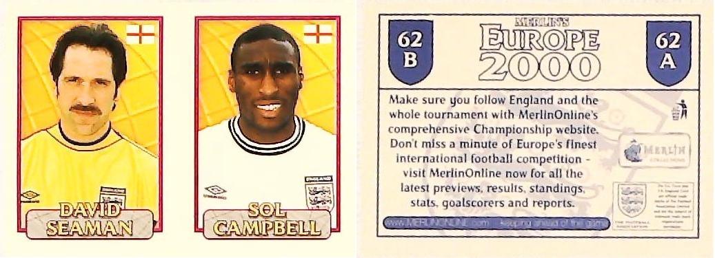 Merlin Europe 2000 Football Stickers Group A 2000 Sticker No 62: David Seaman - Sol Campbell - England Merlin Europe 2000 Football Stickers Group A 2000 Sticker No 62: David Seaman - Sol Campbell - England