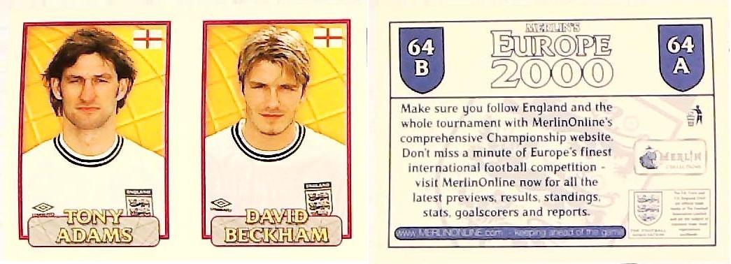 Merlin Europe 2000 Football Stickers Group A 2000 Sticker No 64: Tony Adams - David Beckham - England Merlin Europe 2000 Football Stickers Group A 2000 Sticker No 64: Tony Adams - David Beckham - England