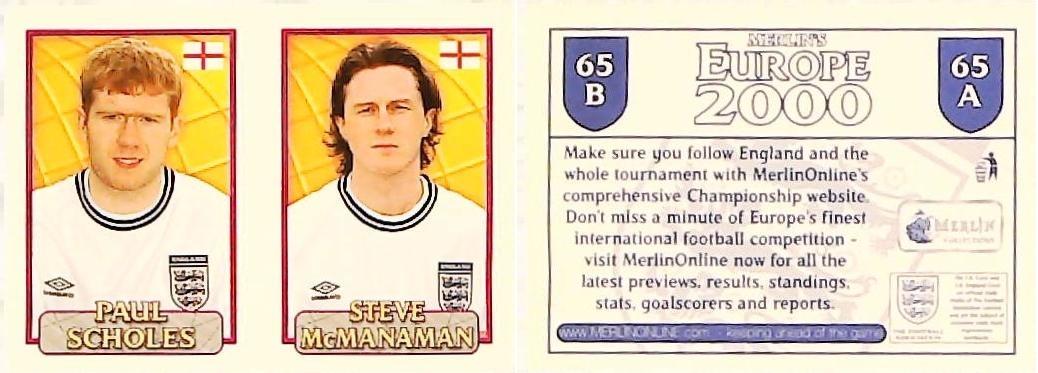Merlin Europe 2000 Football Stickers Group A 2000 Sticker No 65: Paul Scholes - Steve McManaman - England Merlin Europe 2000 Football Stickers Group A 2000 Sticker No 65: Paul Scholes - Steve McManaman - England