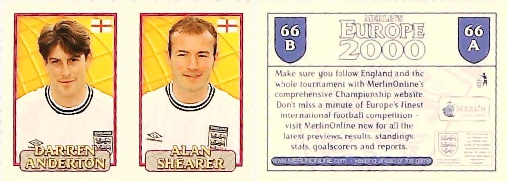 Merlin Europe 2000 Football Stickers Group A 2000 Sticker No 66: Darren Anderton - Alan Shearer - England Merlin Europe 2000 Football Stickers Group A 2000 Sticker No 66: Darren Anderton - Alan Shearer - England