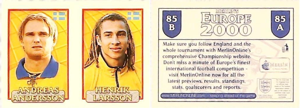 Merlin Europe 2000 Football Stickers Group A 2000 Sticker No 84: Niclas Alexandersson - Kennet Andersson - Merlin Europe 2000 Football Stickers Group A 2000 Sticker No 84: Niclas Alexandersson - Kennet Andersson -