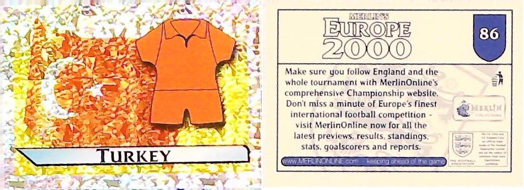 Merlin Europe 2000 Football Stickers Group A 2000 Sticker No 86: Flag and Kit - Turkey Merlin Europe 2000 Football Stickers Group A 2000 Sticker No 86: Flag and Kit - Turkey
