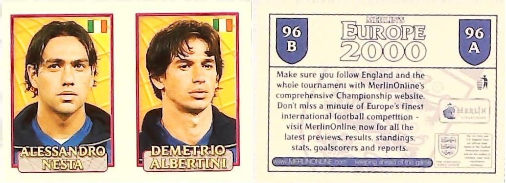Merlin Europe 2000 Football Stickers Group A 2000 Sticker No 96: Alessandro Nesta - Demetrio Albertini - Italy Merlin Europe 2000 Football Stickers Group A 2000 Sticker No 96: Alessandro Nesta - Demetrio Albertini - Italy