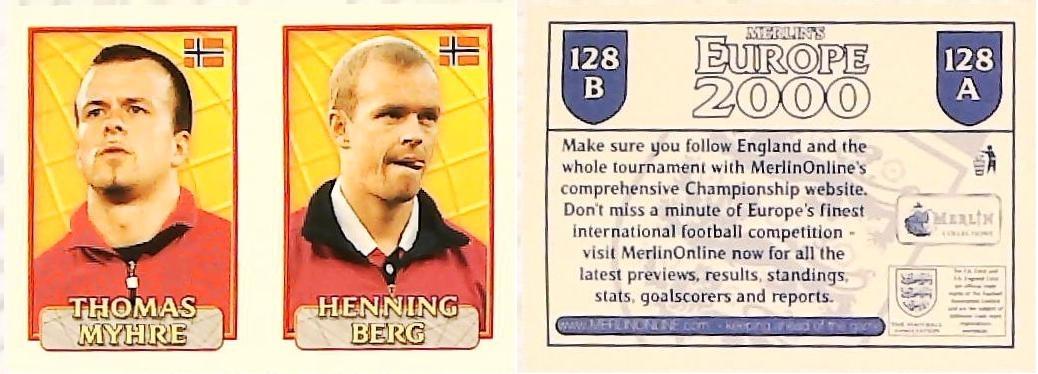 Merlin Europe 2000 Football Stickers Group C 2000 Sticker No 128: Thomas Myhre - Henning Berg - Norway Merlin Europe 2000 Football Stickers Group C 2000 Sticker No 128: Thomas Myhre - Henning Berg - Norway