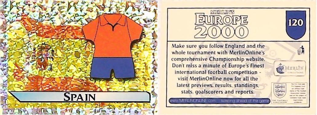 Merlin Europe 2000 Football Stickers Group B 2000 Sticker No 120: Flag and Kit - Spain Merlin Europe 2000 Football Stickers Group B 2000 Sticker No 120: Flag and Kit - Spain