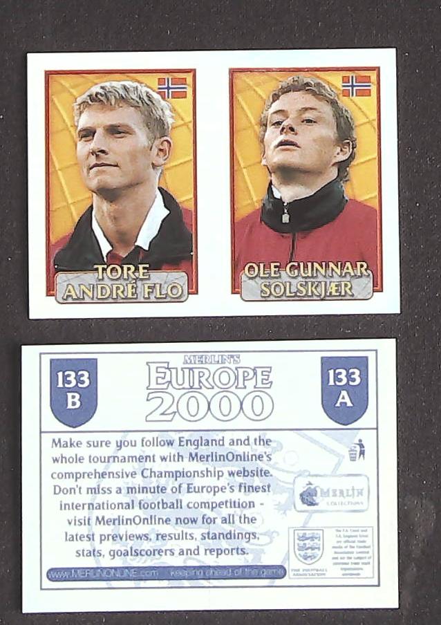 Merlin Europe 2000 Football Stickers Group B 2000 Sticker No 133: Tore Andre Flo - Ole Gunnar Solskjaer - Norway Merlin Europe 2000 Football Stickers Group B 2000 Sticker No 133: Tore Andre Flo - Ole Gunnar Solskjaer - Norway