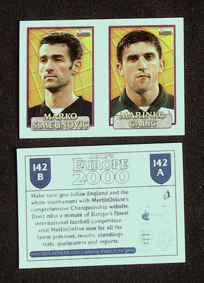 Merlin Europe 2000 Football Stickers Group B 2000 Sticker No 142: Marko Simeunovic - Marinko Galic - Slovenia Merlin Europe 2000 Football Stickers Group B 2000 Sticker No 142: Marko Simeunovic - Marinko Galic - Slovenia