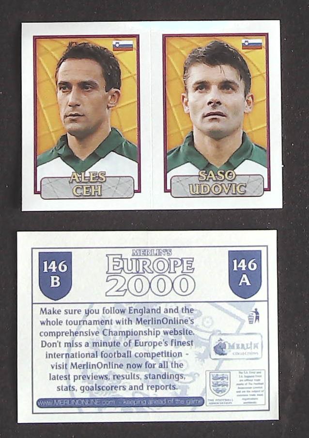 Merlin Europe 2000 Football Stickers Group B 2000 Sticker No 146: Aled Ceh - Saso Udovic - Slovenia Merlin Europe 2000 Football Stickers Group B 2000 Sticker No 146: Aled Ceh - Saso Udovic - Slovenia