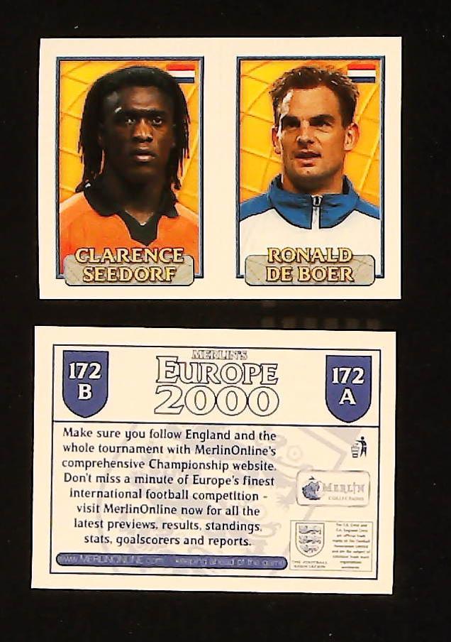 Merlin Europe 2000 Football Stickers Group D No.172: Clarence Seedorf - Ronald de Boer - Holland Merlin Europe 2000 Football Stickers Group D No.172: Clarence Seedorf - Ronald de Boer - Holland