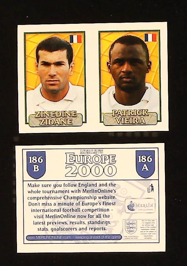 Merlin Europe 2000 Football Stickers Group D No.186: Zinedine Zidane - Patrick Vieira - France Merlin Europe 2000 Football Stickers Group D No.186: Zinedine Zidane - Patrick Vieira - France