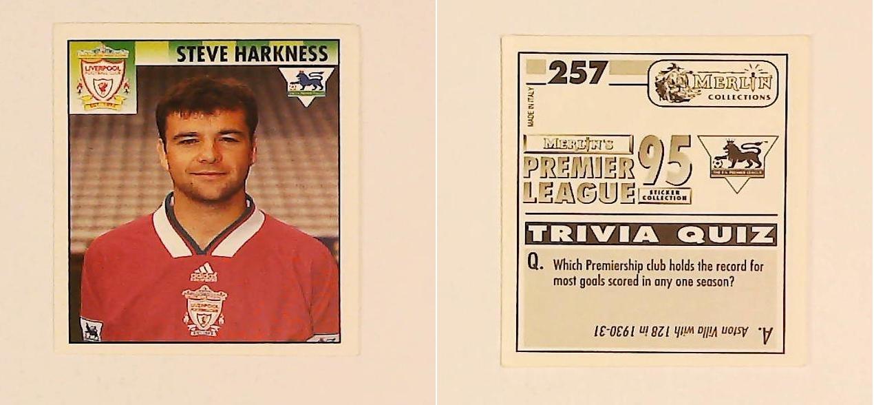 Merlin FA Premier League 95 Sticker No 257. Steve Harkness (Liverpool) Merlin FA Premier League 95 Sticker No 257. Steve Harkness (Liverpool)