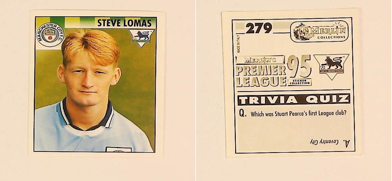 Merlin FA Premier League 95 Sticker No 279. Steve Lomas (Manchester City) Merlin FA Premier League 95 Sticker No 279. Steve Lomas (Manchester City)