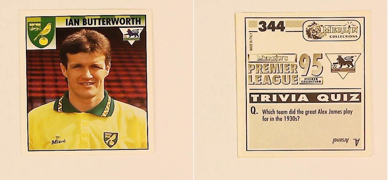 Merlin FA Premier League 95 Sticker No 344. Ian Butterworth (Norwich City) Merlin FA Premier League 95 Sticker No 344. Ian Butterworth (Norwich City)