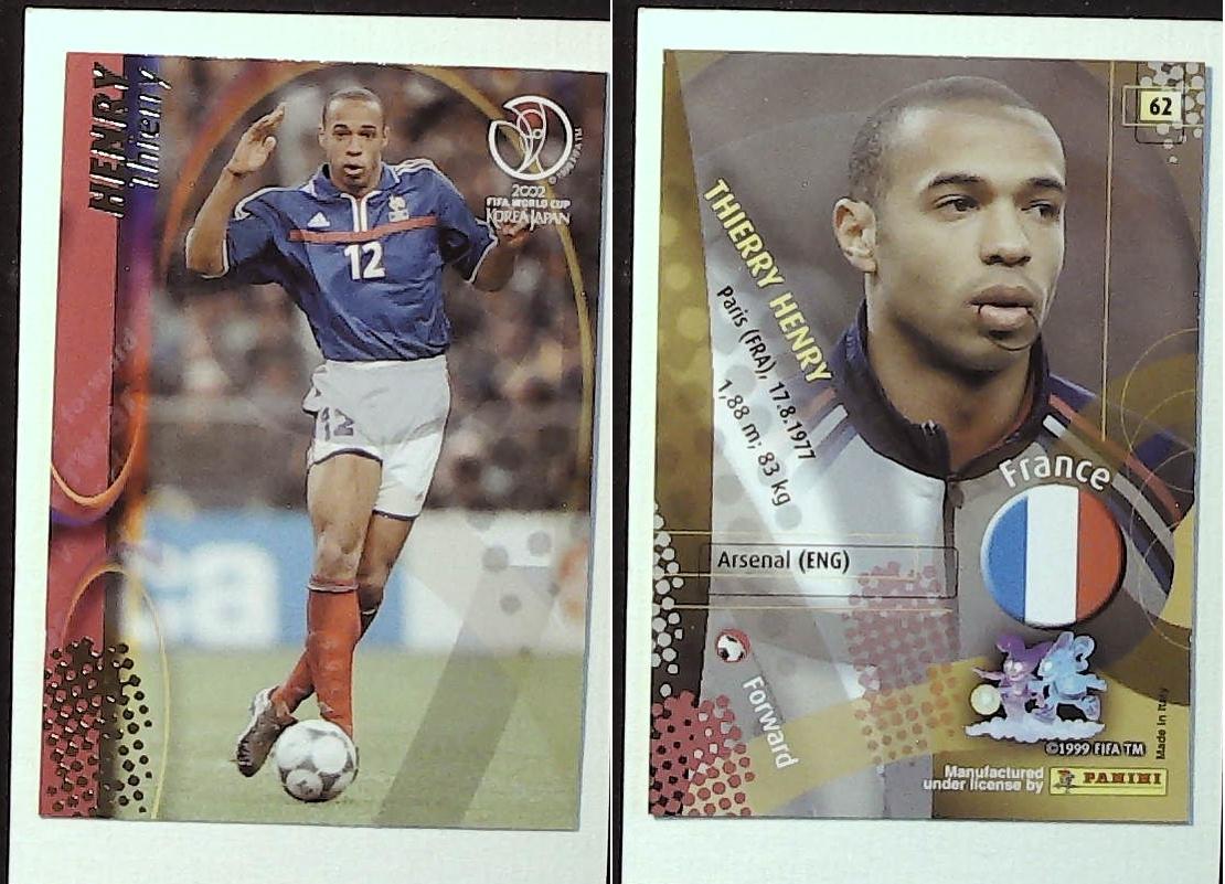 PANINI 2002 WORLD CUP FOOTBALL CARDS FRANCE No62 THIERY HENRY PANINI 2002 WORLD CUP FOOTBALL CARDS FRANCE No62 THIERY HENRY