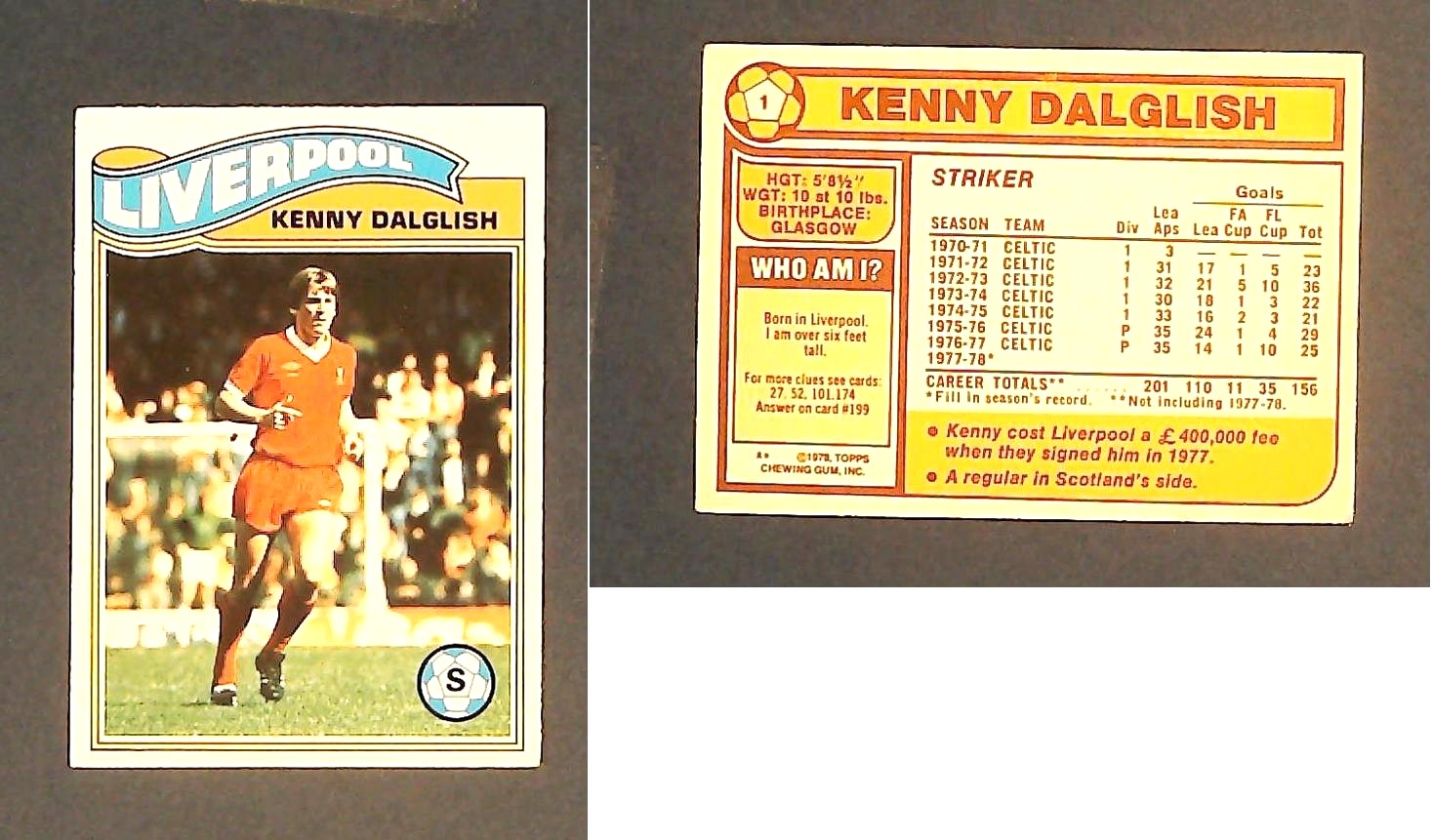 Topps Chewing Gum Orange Back Football Cards - 1978 No 1 Kenny Dalglish Liverpool Topps Chewing Gum Orange Back Football Cards - 1978 No 1 Kenny Dalglish Liverpool