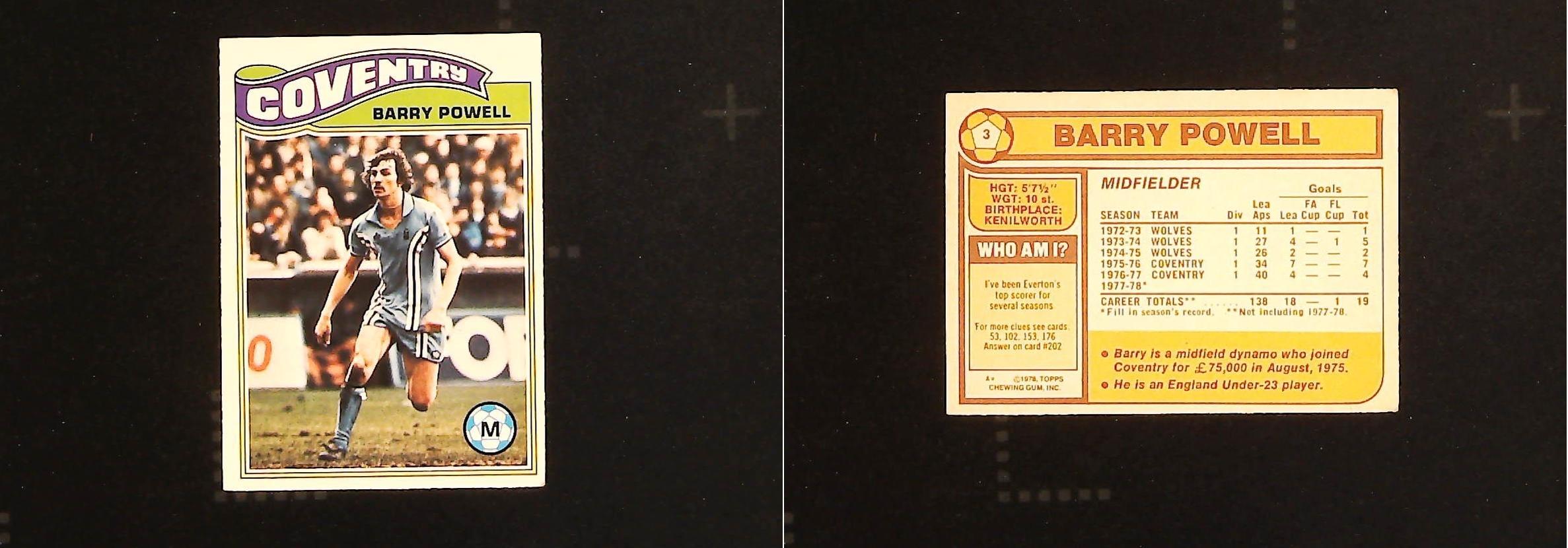 Topps Chewing Gum Orange Back Football Cards - 1978 No No 3 Barry Powell Coventry City Topps Chewing Gum Orange Back Football Cards - 1978 No No 3 Barry Powell Coventry City
