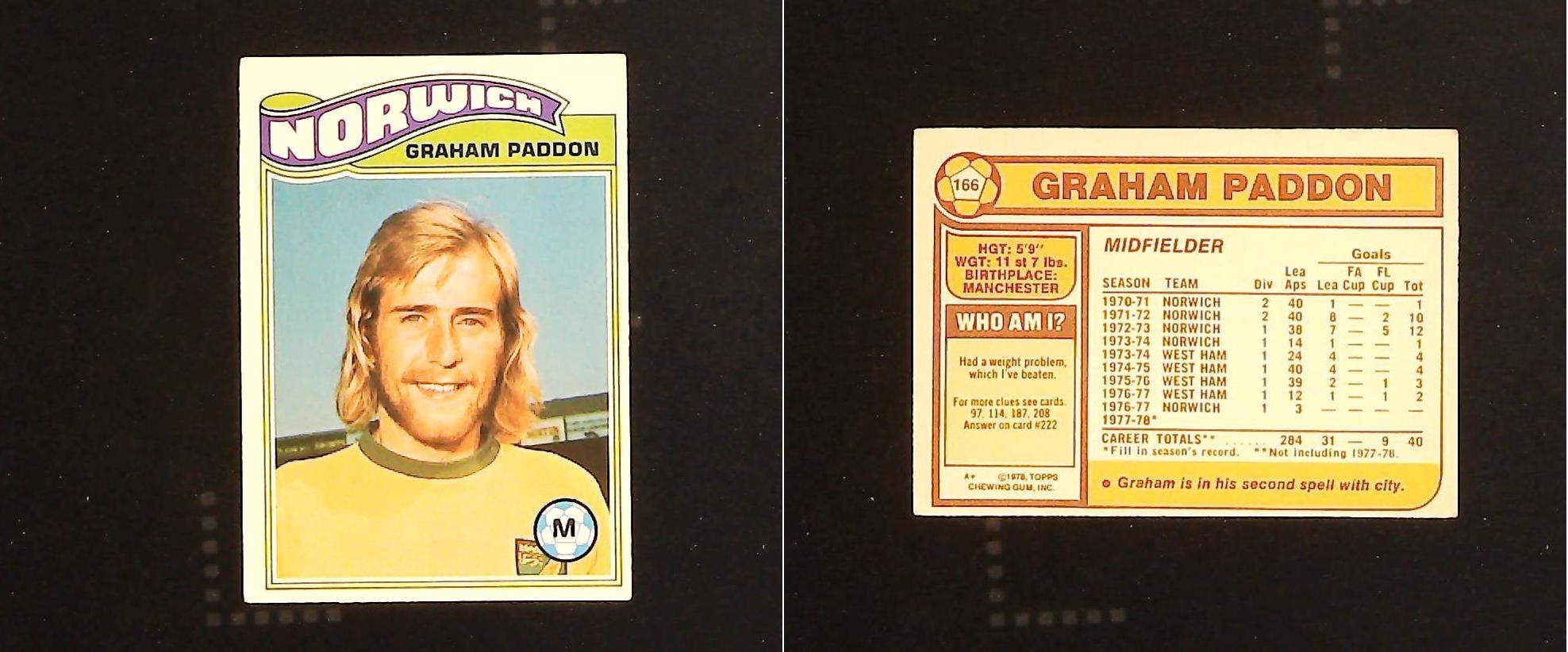 Topps Chewing Gum Orange Back Football Cards - 1978 No 166 Graham Paddon Norwich City Topps Chewing Gum Orange Back Football Cards - 1978 No 166 Graham Paddon Norwich City