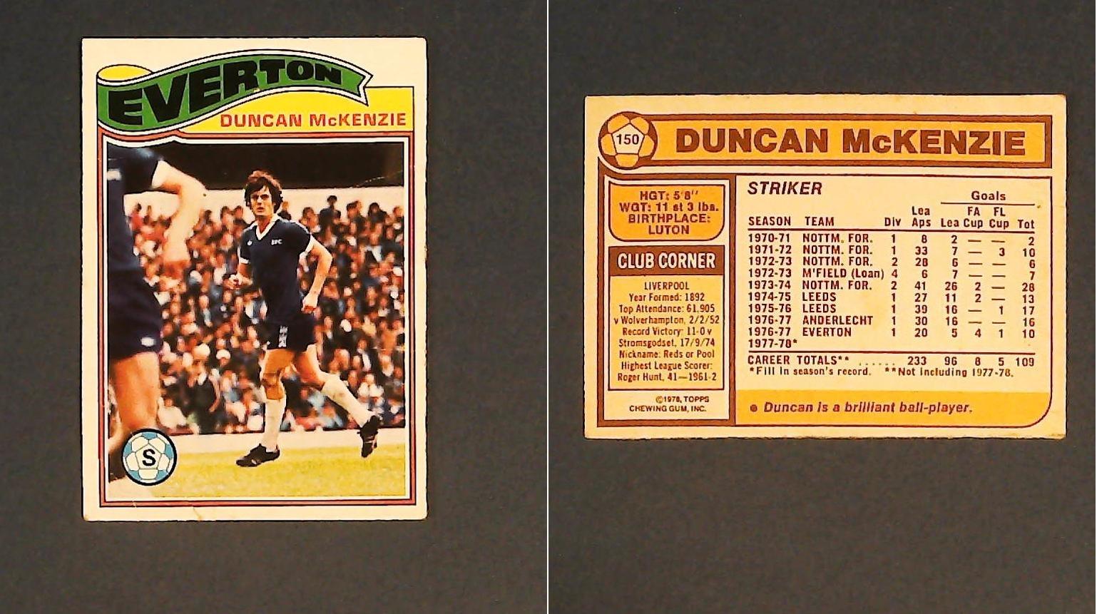 Topps Chewing Gum Orange Back Football Cards - 1978 No 150 Duncan McKenzie Everton Topps Chewing Gum Orange Back Football Cards - 1978 No 150 Duncan McKenzie Everton