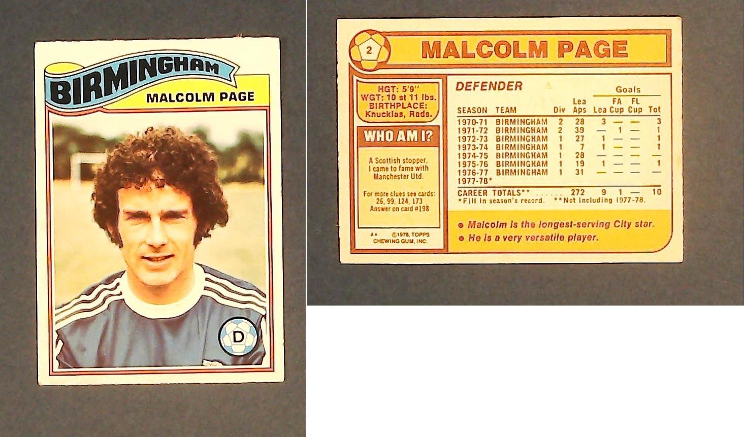 Topps Chewing Gum Orange Back Football Cards - 1978 No No 2 Malcolm Page Birmingham City Topps Chewing Gum Orange Back Football Cards - 1978 No No 2 Malcolm Page Birmingham City