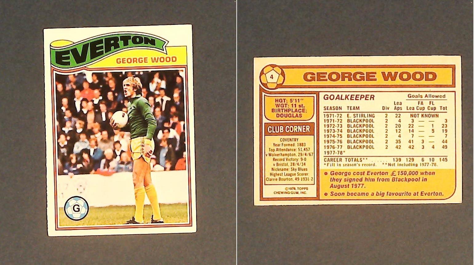 Topps Chewing Gum Orange Back Football Cards - 1978 No 4 George Wood Everton Topps Chewing Gum Orange Back Football Cards - 1978 No 4 George Wood Everton