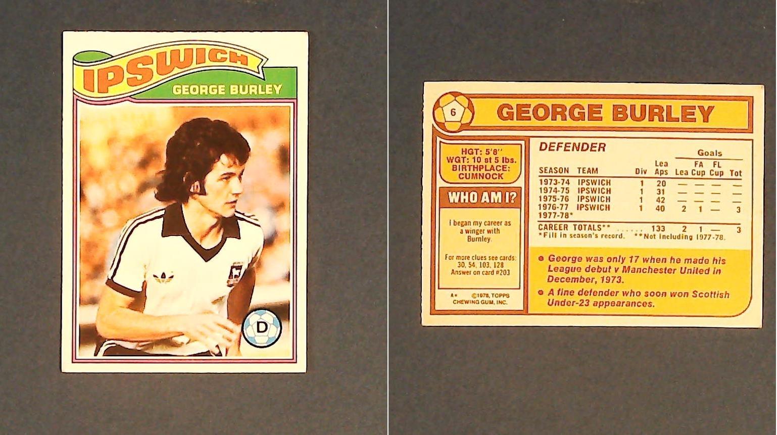 Topps Chewing Gum Orange Back Football Cards - 1978 No 6 George Burley Ipswich Town Topps Chewing Gum Orange Back Football Cards - 1978 No 6 George Burley Ipswich Town