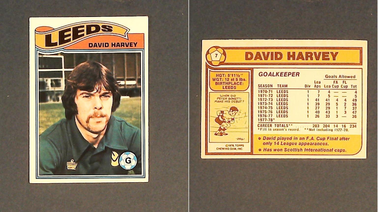Topps Chewing Gum Orange Back Football Cards - 1978 No 7 David Harvey Leeds United Topps Chewing Gum Orange Back Football Cards - 1978 No 7 David Harvey Leeds United