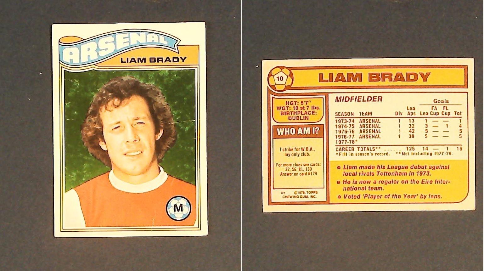 Topps Chewing Gum Orange Back Football Cards - 1978 No,10 Liam Brady Arsenal Topps Chewing Gum Orange Back Football Cards - 1978 No,10 Liam Brady Arsenal