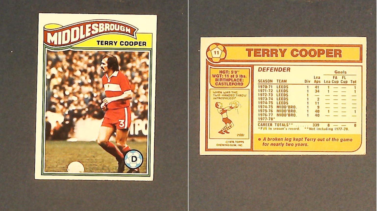 Topps Chewing Gum Orange Back Football Cards - 1978 No,11 Terry Cooper Middlesborough Topps Chewing Gum Orange Back Football Cards - 1978 No,11 Terry Cooper Middlesborough