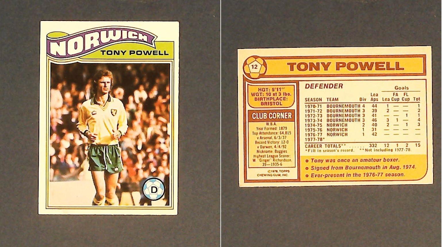 Topps Chewing Gum Orange Back Football Cards - 1978 No,12 Tony Powell Norwich City Topps Chewing Gum Orange Back Football Cards - 1978 No,12 Tony Powell Norwich City