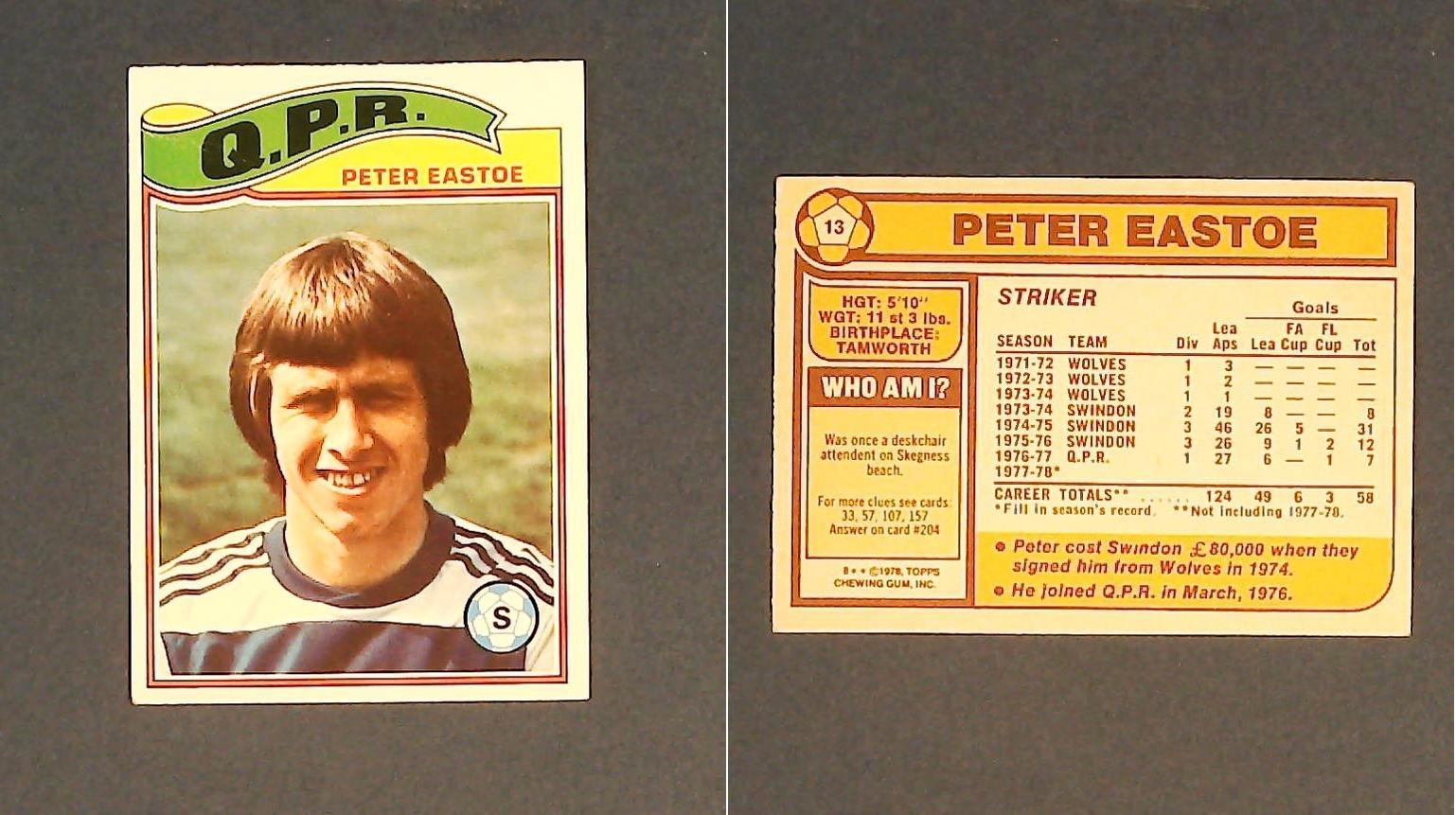 Topps Chewing Gum Orange Back Football Cards - 1978 No,13 Peter Eastoe Queens Park Rangers Topps Chewing Gum Orange Back Football Cards - 1978 No,13 Peter Eastoe Queens Park Rangers