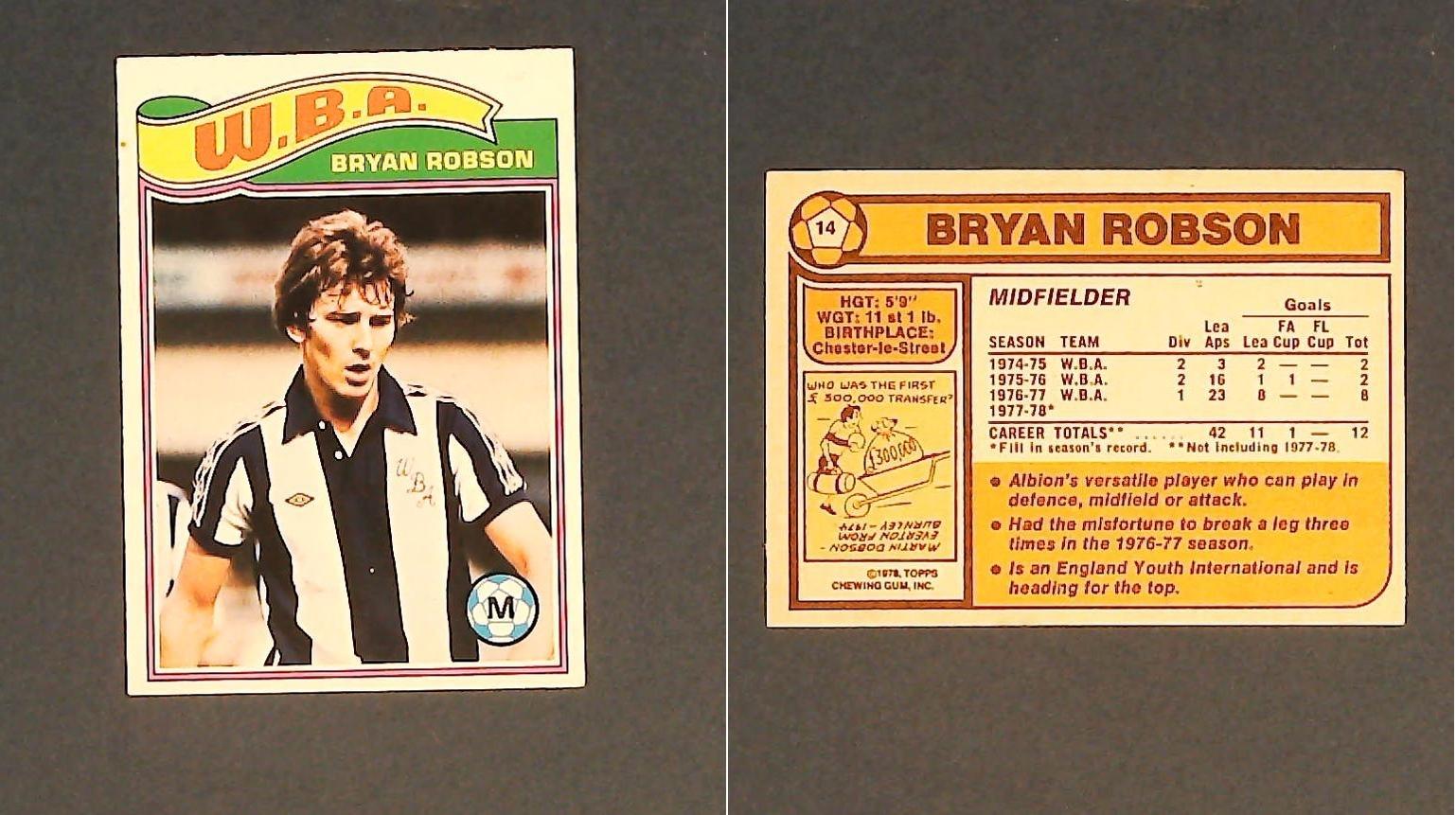 Topps Chewing Gum Orange Back Football Cards - 1978 No,14 Bryan Robson West Bromwich Albion Topps Chewing Gum Orange Back Football Cards - 1978 No,14 Bryan Robson West Bromwich Albion