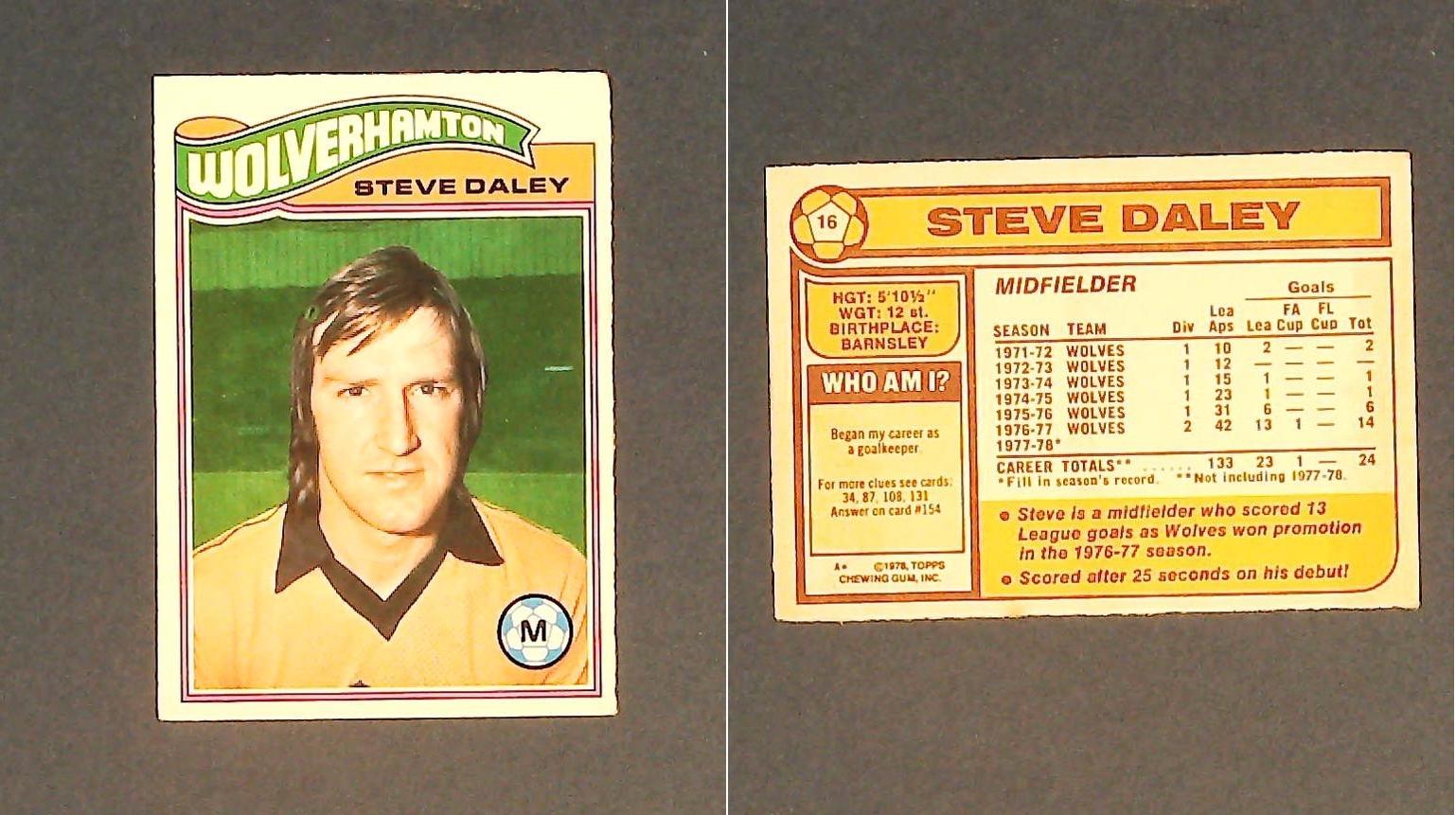 Topps Chewing Gum Orange Back Football Cards - 1978 No,16 Steve Daley Wolverhampton Wanderers Topps Chewing Gum Orange Back Football Cards - 1978 No,16 Steve Daley Wolverhampton Wanderers