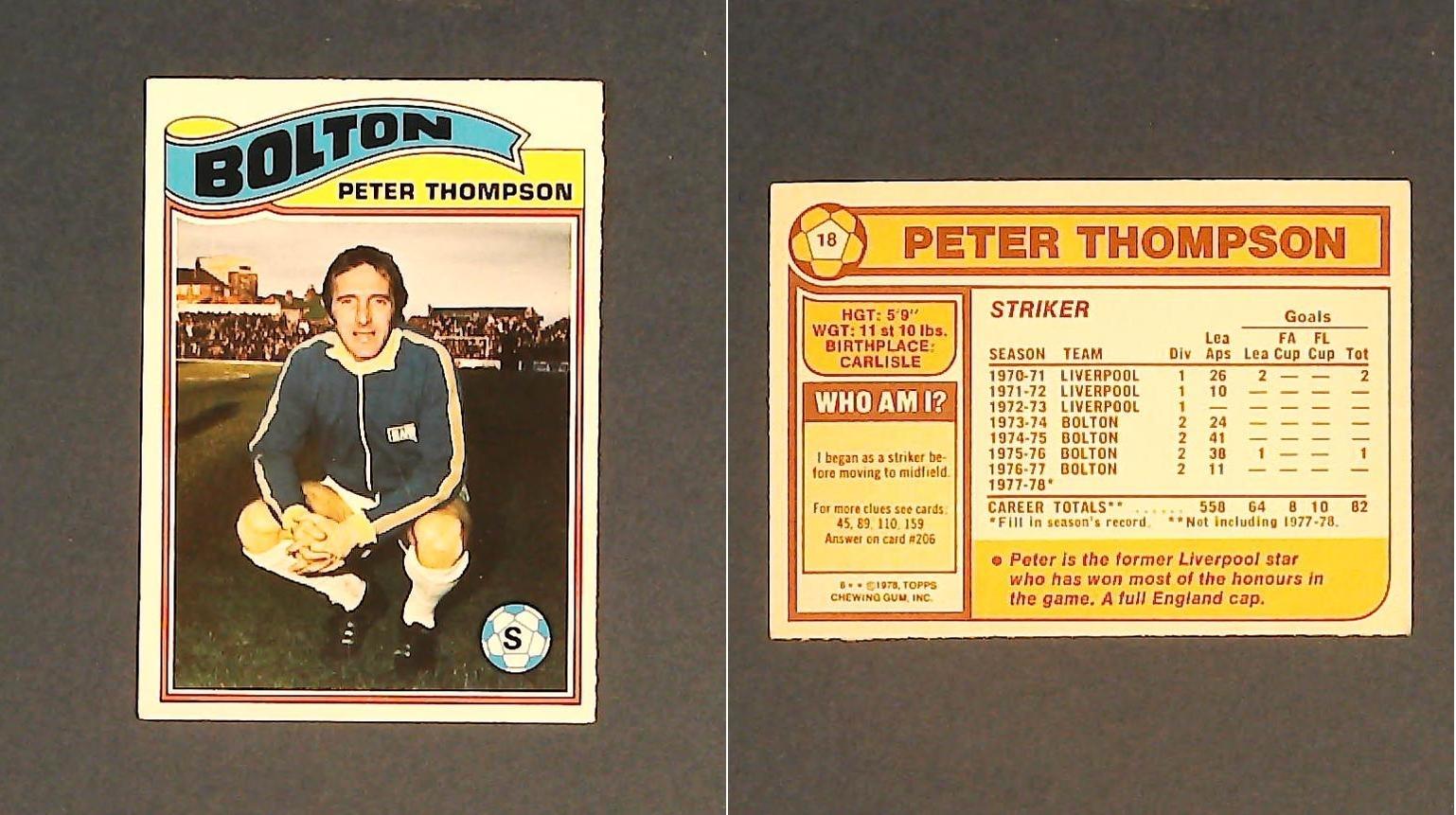 Topps Chewing Gum Orange Back Football Cards - 1978 No18 Peter Thompson Bolton Wanderers Topps Chewing Gum Orange Back Football Cards - 1978 No18 Peter Thompson Bolton Wanderers