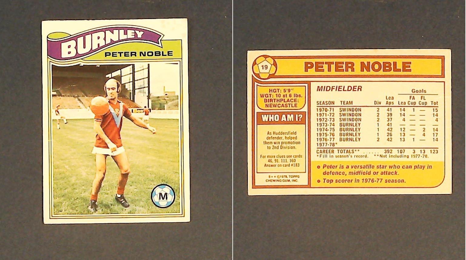 Topps Chewing Gum Orange Back Football Cards - 1978 No.19 Peter Noble Burnley Topps Chewing Gum Orange Back Football Cards - 1978 No.19 Peter Noble Burnley