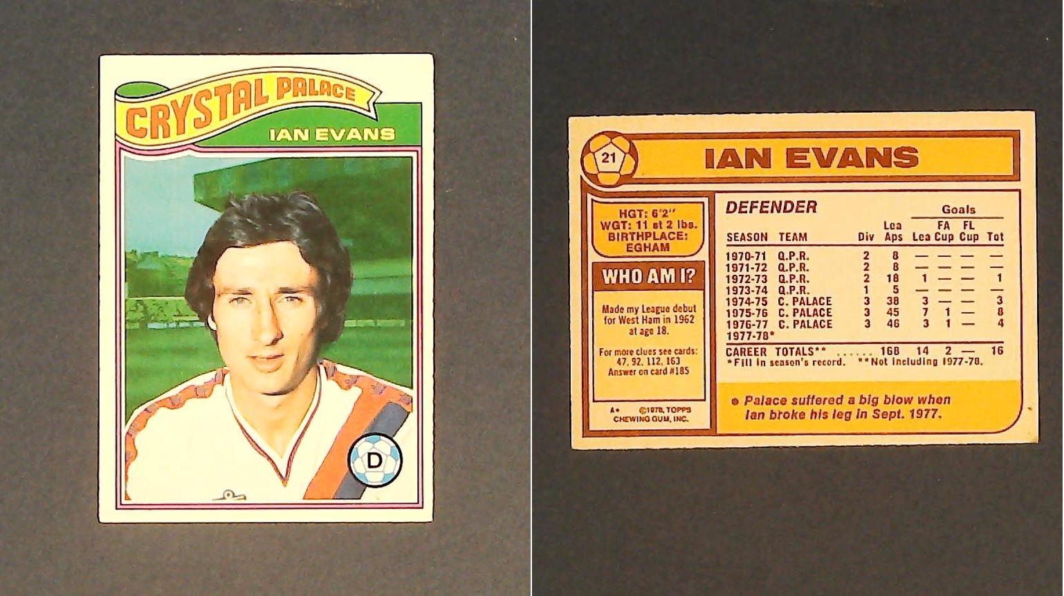 Topps Chewing Gum Orange Back Football Cards - 1978 No.21 Ian Evans Crystal Palace Topps Chewing Gum Orange Back Football Cards - 1978 No.21 Ian Evans Crystal Palace