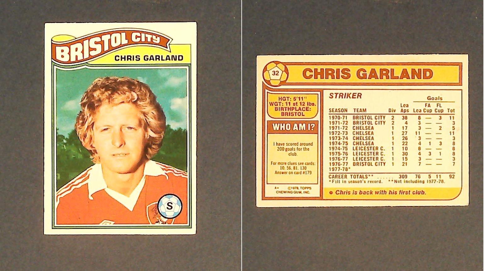 Topps Chewing Gum Orange Back Football Cards - 1978 No.32 Chris Garland Bristol City Topps Chewing Gum Orange Back Football Cards - 1978 No.32 Chris Garland Bristol City