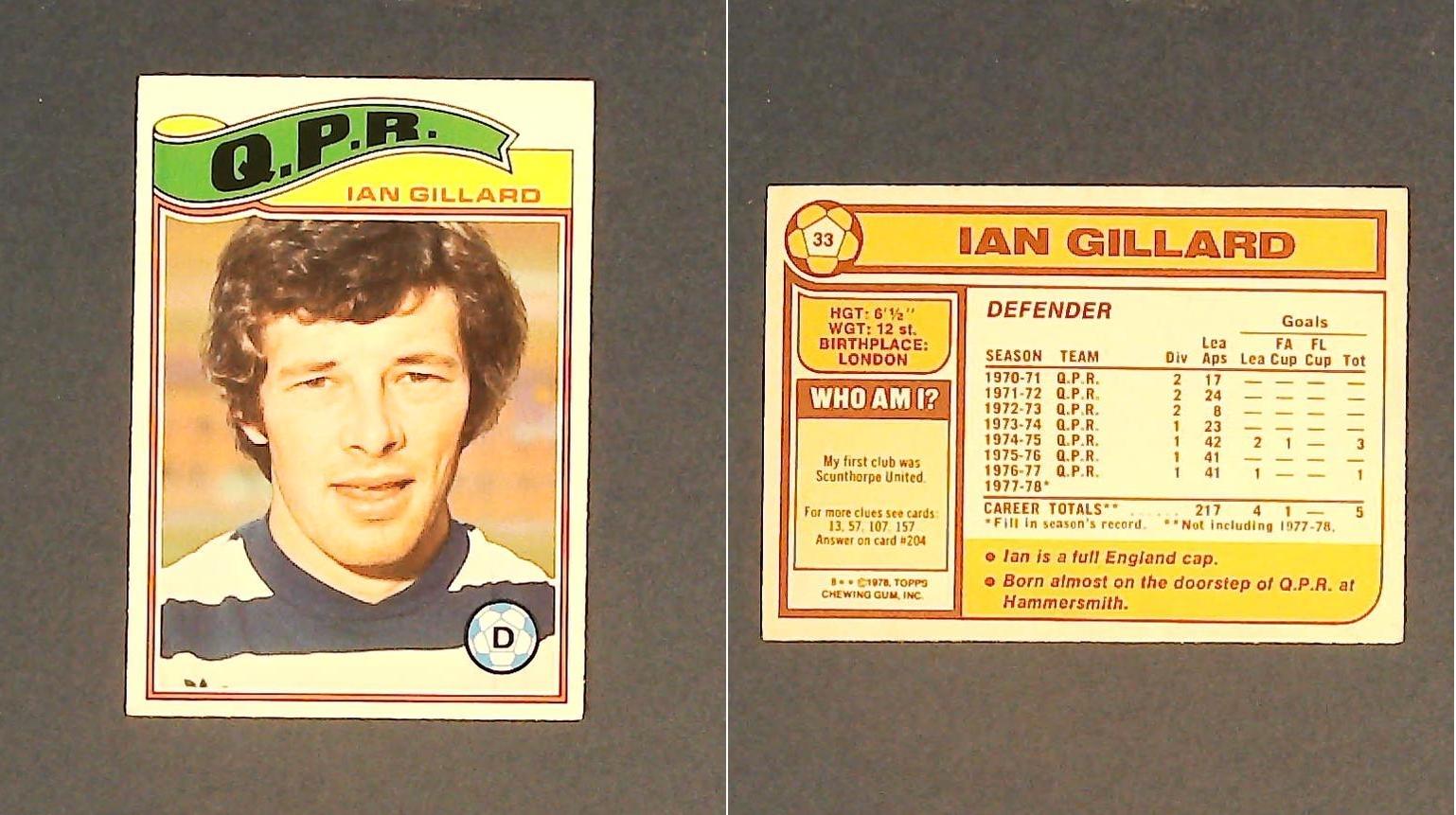 Topps Chewing Gum Orange Back Football Cards - 1978 No.33 Ian Gillard Queens Park Rangers Topps Chewing Gum Orange Back Football Cards - 1978 No.33 Ian Gillard Queens Park Rangers