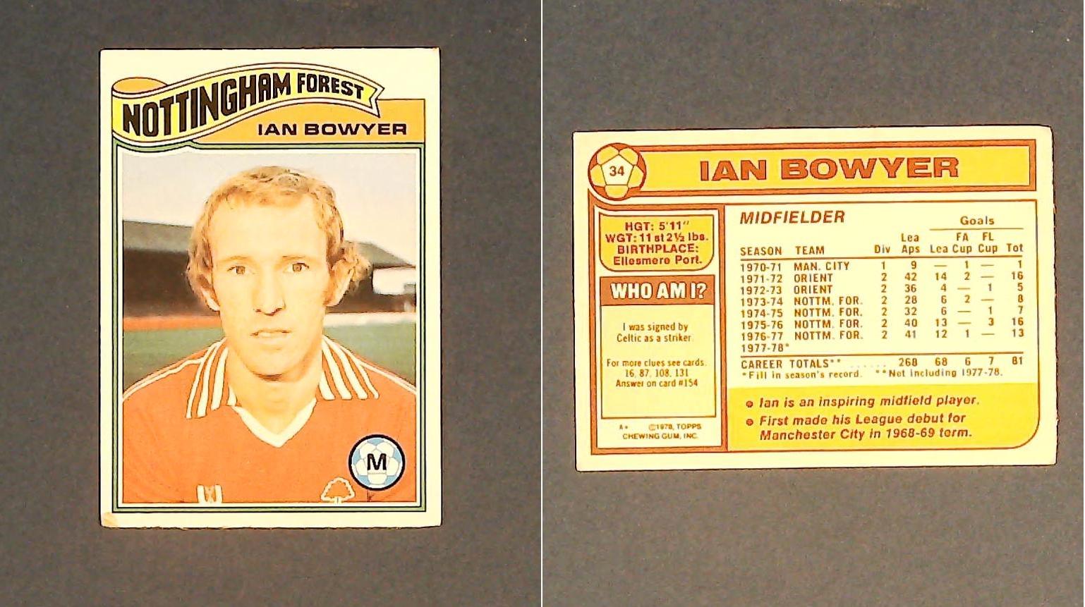 Topps Chewing Gum Orange Back Football Cards - 1978 No.34 Ian Bowyer Nottingham Forest Topps Chewing Gum Orange Back Football Cards - 1978 No.34 Ian Bowyer Nottingham Forest