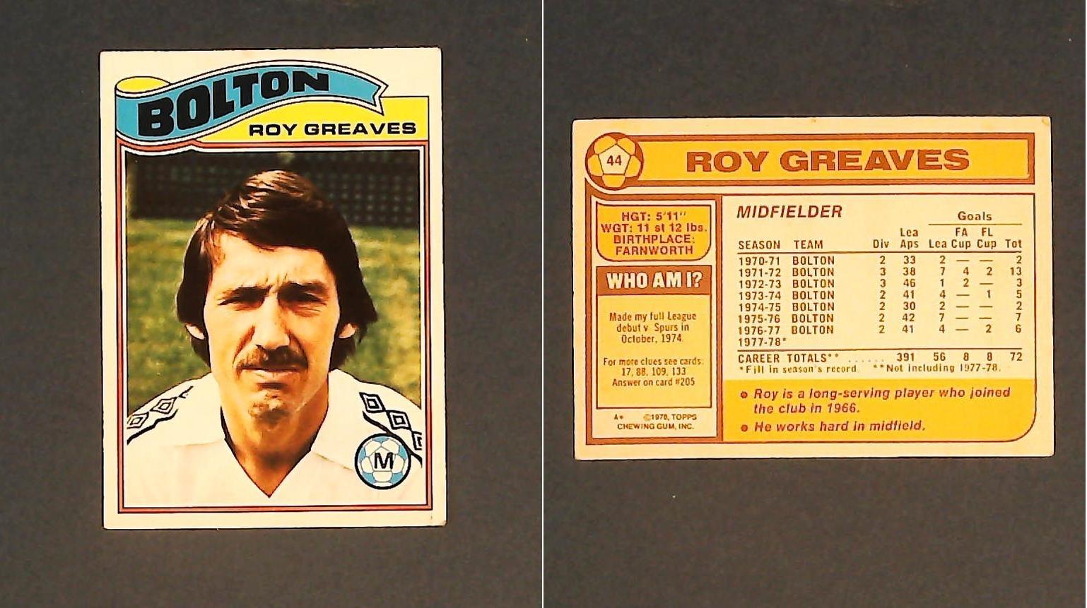 Topps Chewing Gum Orange Back Football Cards - 1978 No 44 Roy Greaves Bolton Wanderers Topps Chewing Gum Orange Back Football Cards - 1978 No 44 Roy Greaves Bolton Wanderers