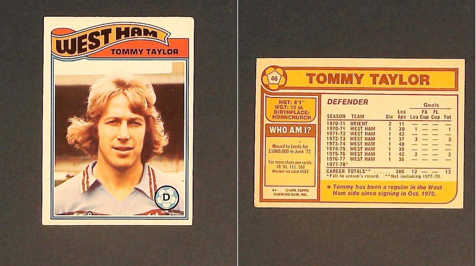 Topps Chewing Gum Orange Back Football Cards - 1978 No. 46 Tommy Taylor West Ham United Topps Chewing Gum Orange Back Football Cards - 1978 No. 46 Tommy Taylor West Ham United