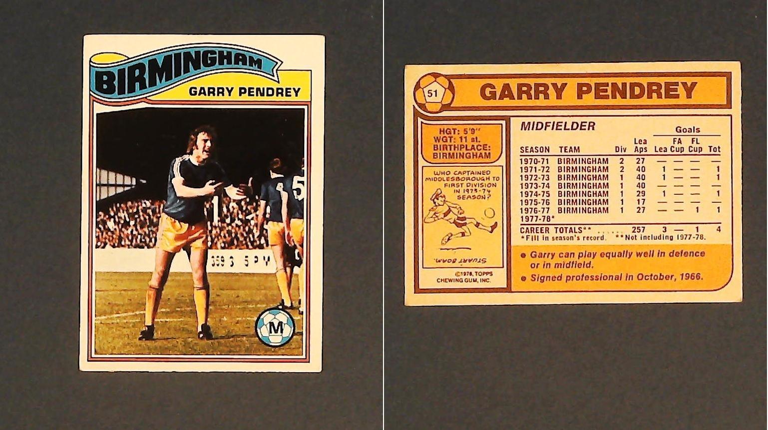 Topps Chewing Gum Orange Back Football Cards - 1978 No.51 Gary Pendrey Birmingham City Topps Chewing Gum Orange Back Football Cards - 1978 No.51 Gary Pendrey Birmingham City