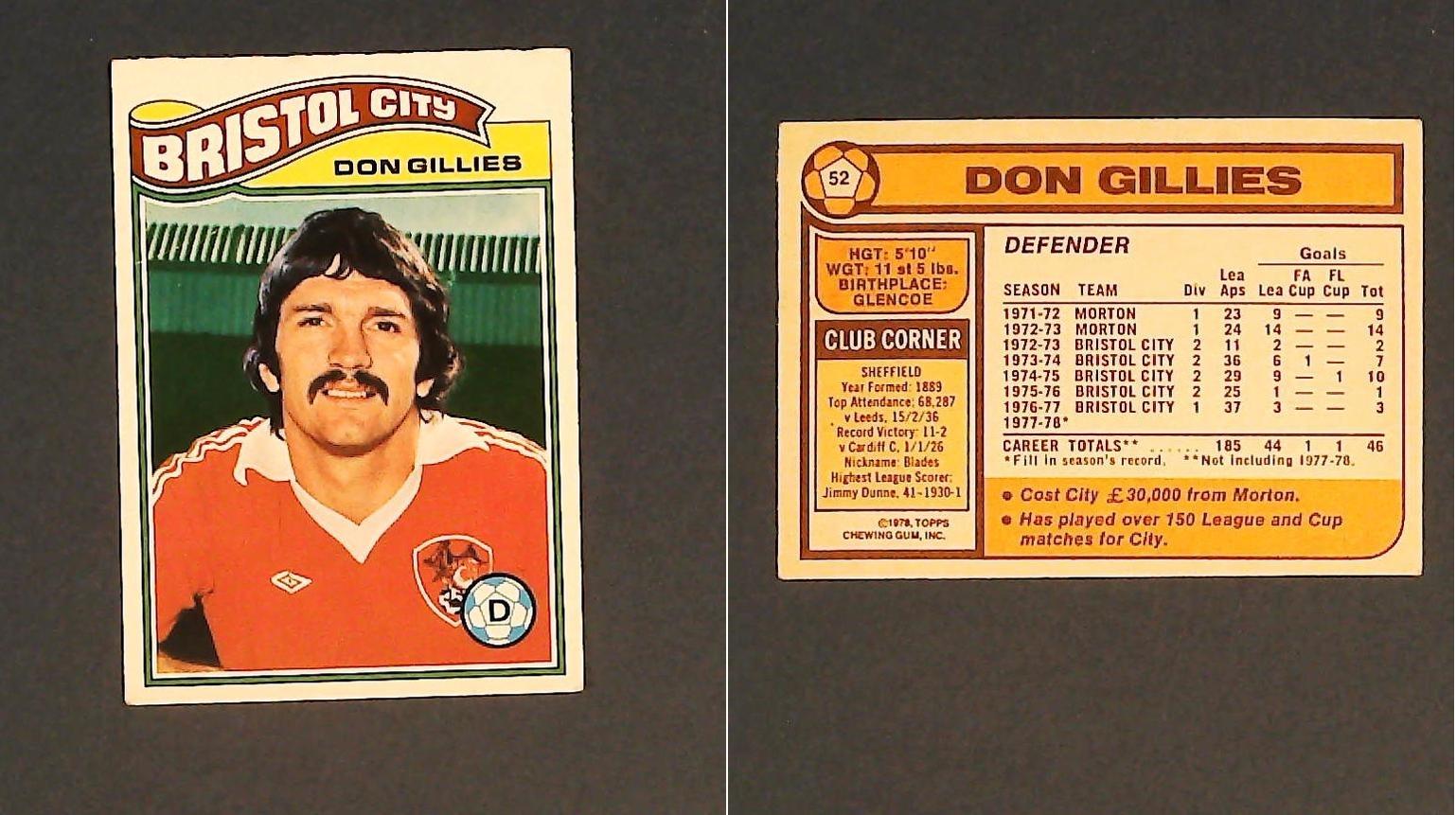 Topps Chewing Gum Orange Back Football Cards - 1978 No.52 Don Gillies Bristol City Topps Chewing Gum Orange Back Football Cards - 1978 No.52 Don Gillies Bristol City