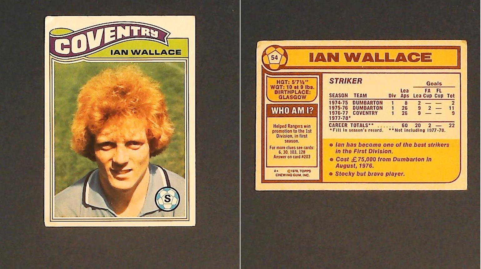 Topps Chewing Gum Orange Back Football Cards - 1978 No.54 Ian Wallace Coventry City Topps Chewing Gum Orange Back Football Cards - 1978 No.54 Ian Wallace Coventry City