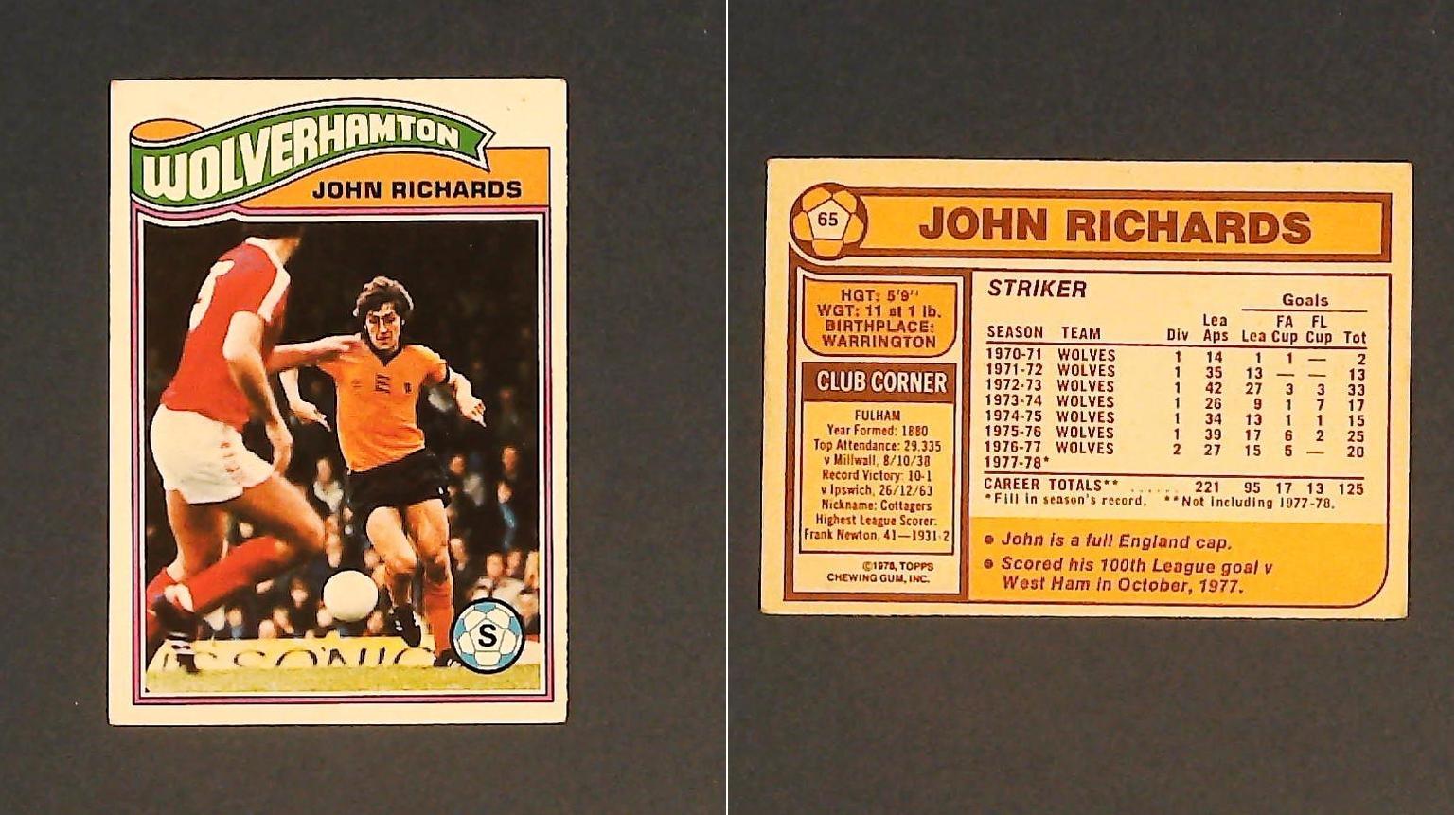 Topps Chewing Gum Orange Back Football Cards - 1978 No.65 John Richards Wolverhampton Wanderers Topps Chewing Gum Orange Back Football Cards - 1978 No.65 John Richards Wolverhampton Wanderers